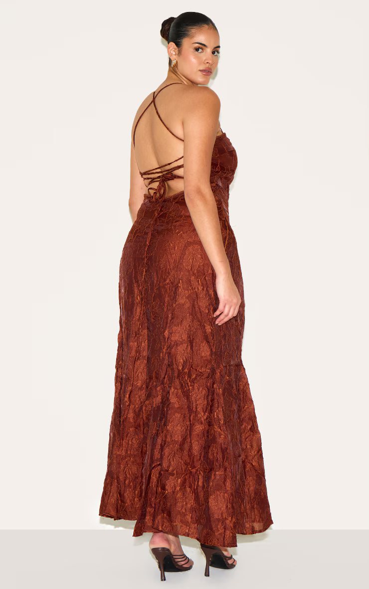 Plus Chestnut Textured Lace Up Back Maxi Dress