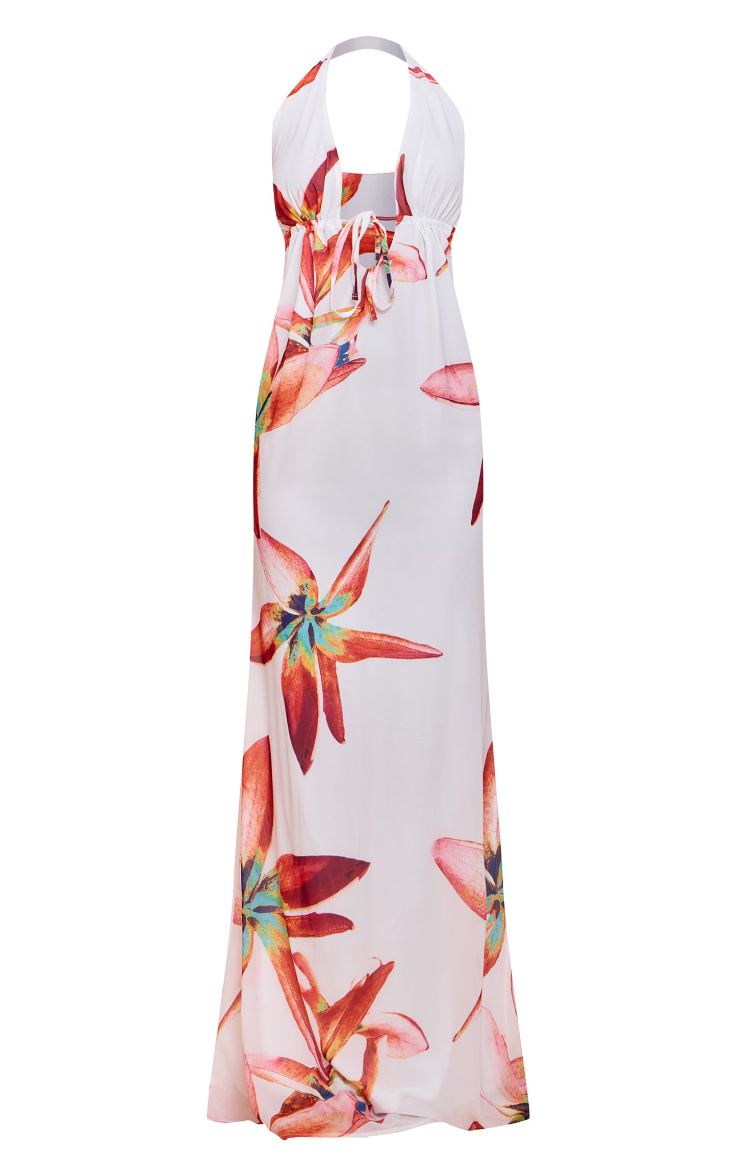 Cream Printed Plunge Tie Detail Maxi Dress