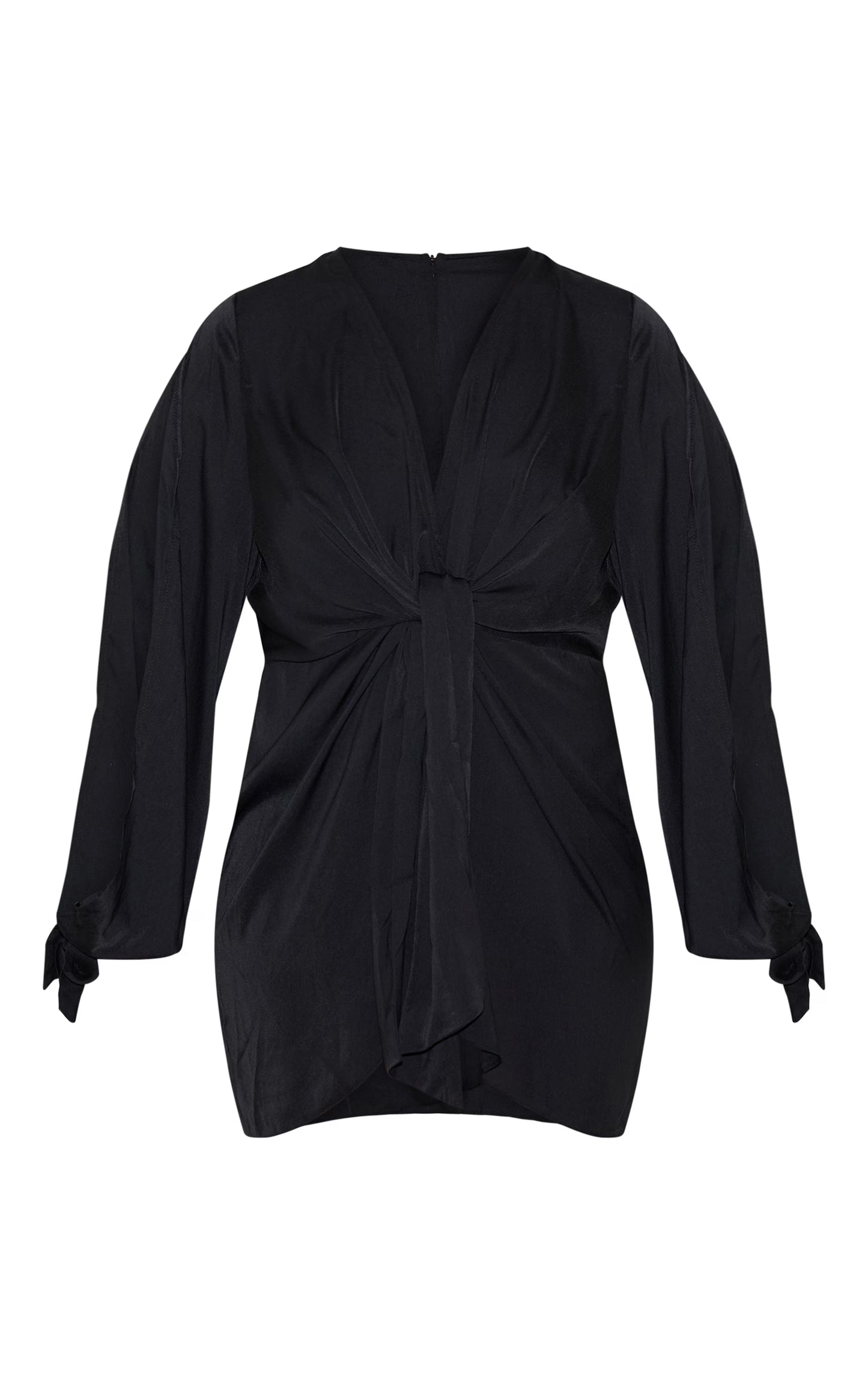 Plus Black Satin Twist Front Open Sleeve Wrap Dress