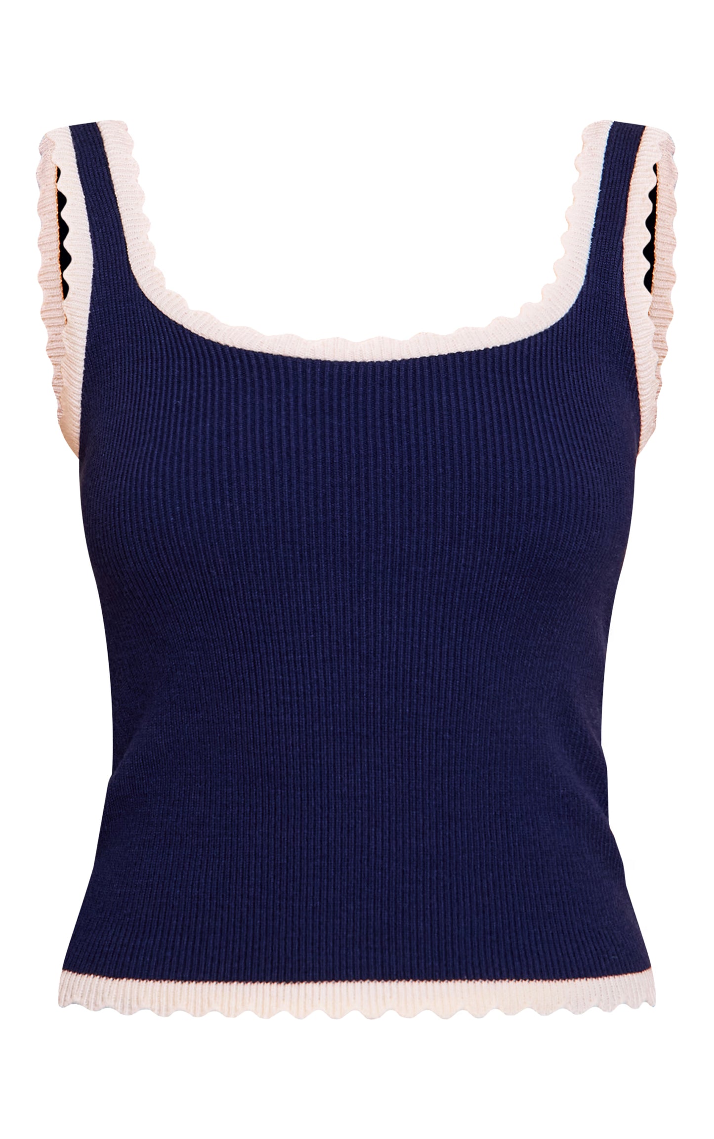 Navy Knitted Scallop Edge Scoop Tank Top