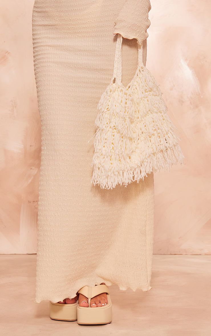 Cream Crinkle Textured Lettuce Hem Long Sleeve Maxi Dress