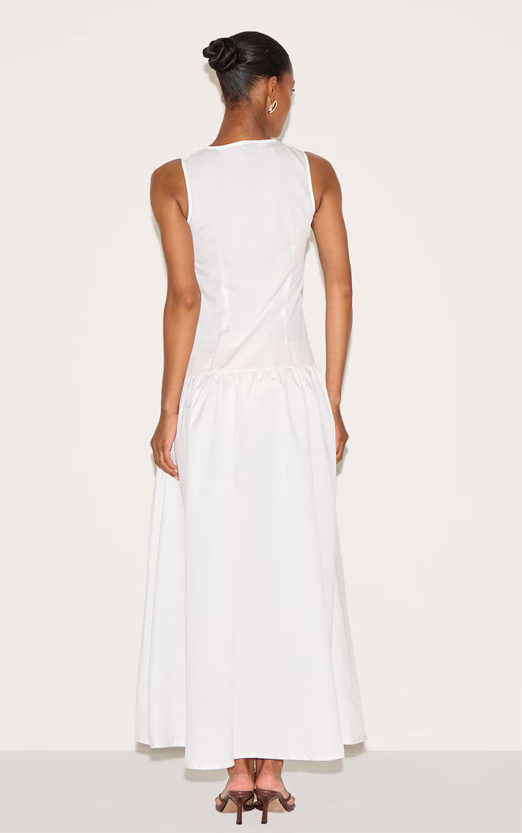 White Button Down Drop Waist Maxi Dress