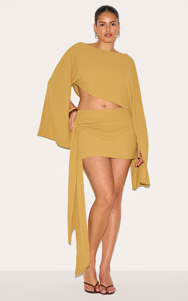Plus Deep Mustard Floaty Woven Slash Neck Long Sleeve Top