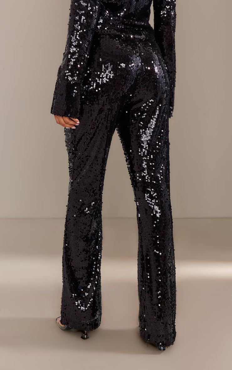Black Sequin Low Rise Flared Pants
