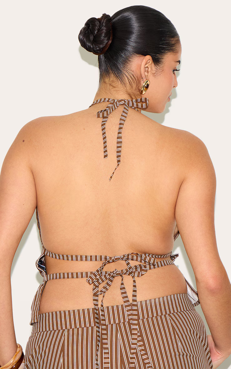Plus Brown Stripe Ruched Backless Halterneck Woven Top