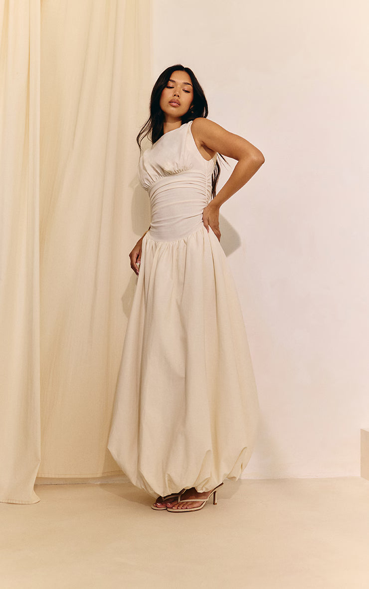 Cream Boat Neck Ruched Detail Puffball Maxi Dress