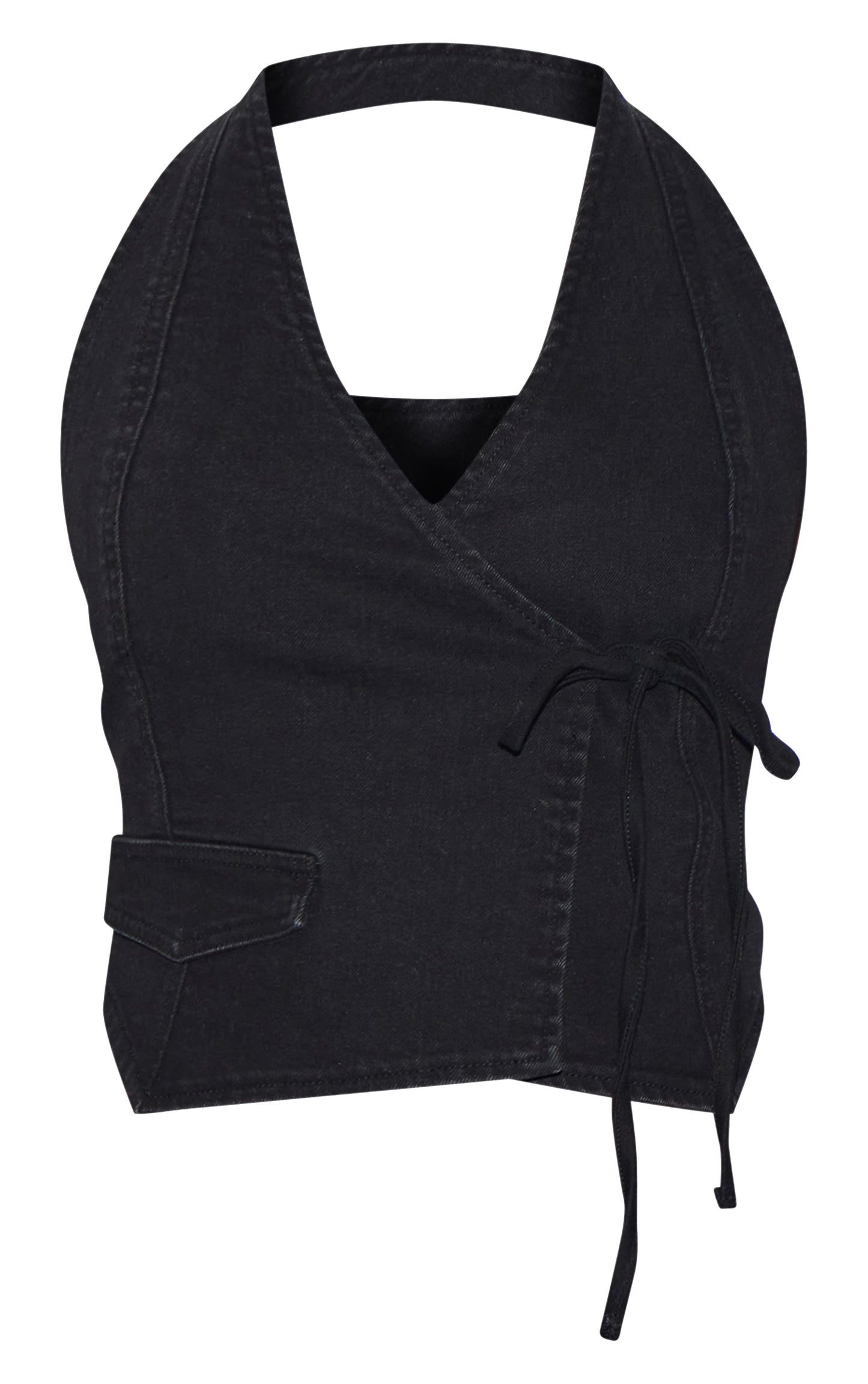 Washed Black Halter Neck Wrap Front Denim Vest