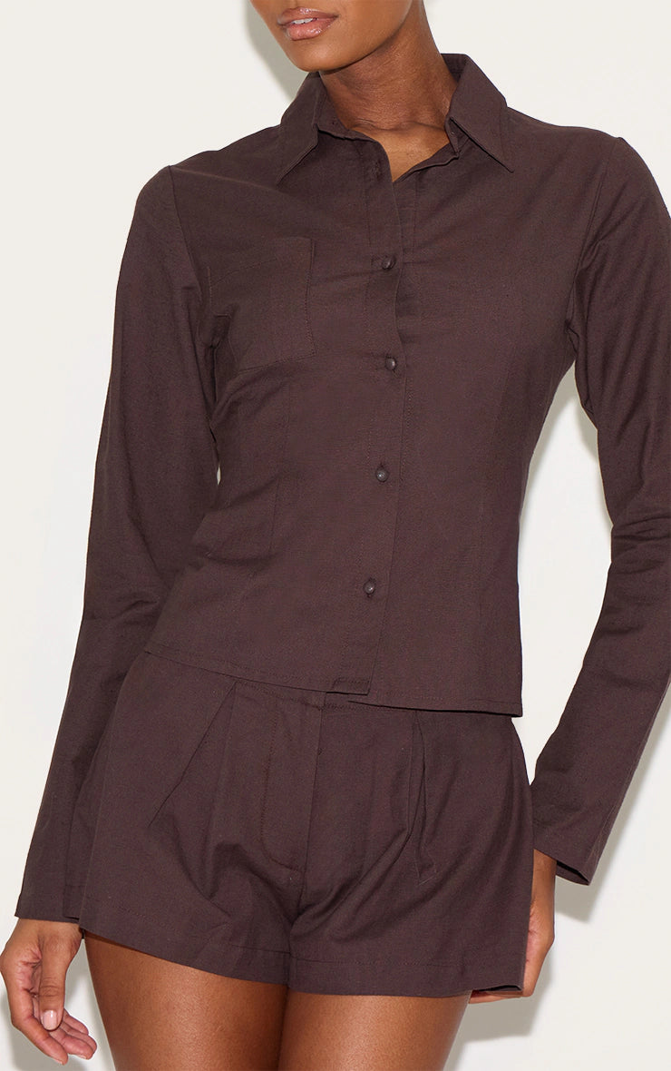 Chocolate Linen Look Button Up Fitted Shirt
