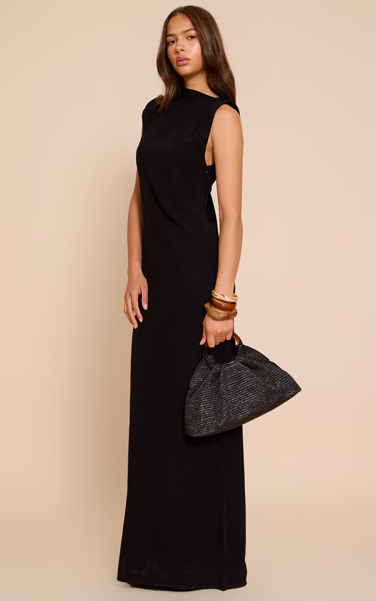 Black Linen Look Sleeveless Drape Neck Detail Maxi Dress