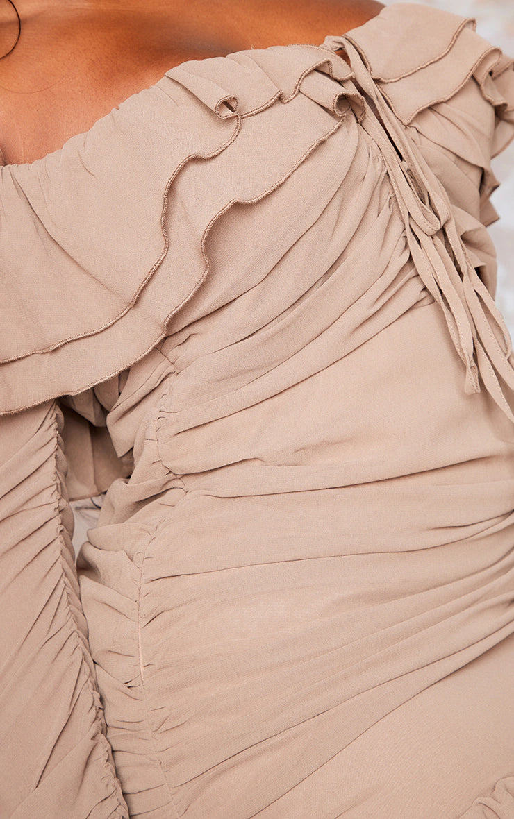 Plus Mocha Bardot Ruffle Detail Shift Dress