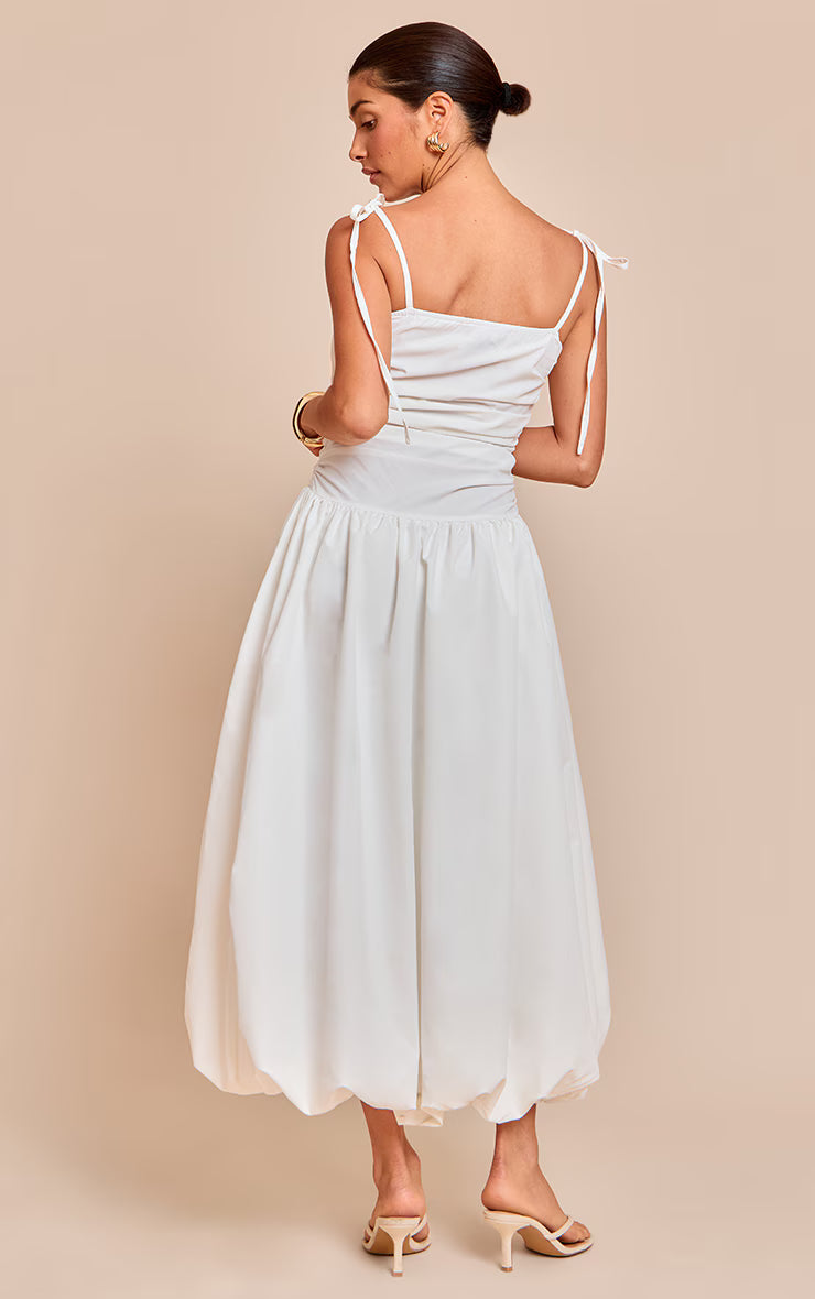 Petite White Spaghetti Strap Puff Midi Dress