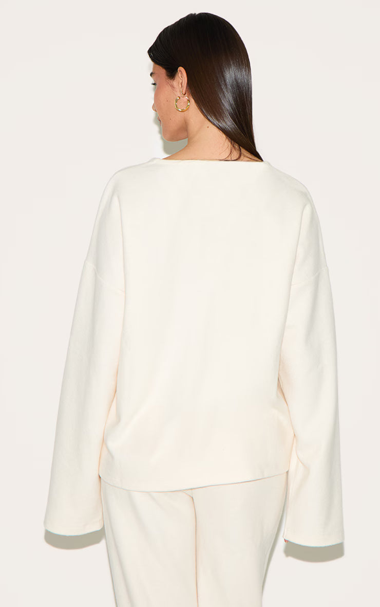 Cream Heavy Brushed Rib V Neck Button Up Cardigan