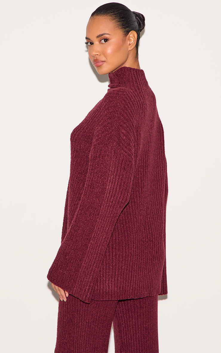 Burgundy Rib Boucle Knit Oversized Sweater