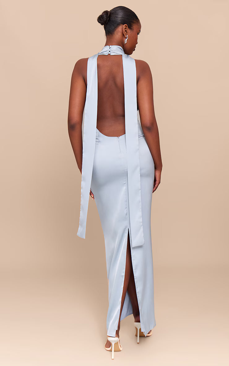 Baby Blue Satin Cowl Neck Drape Maxi Dress