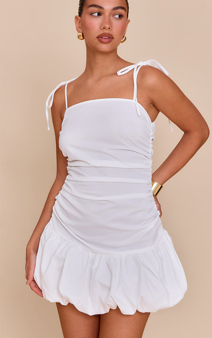 White Ruched Detail Strappy Puffball Dress