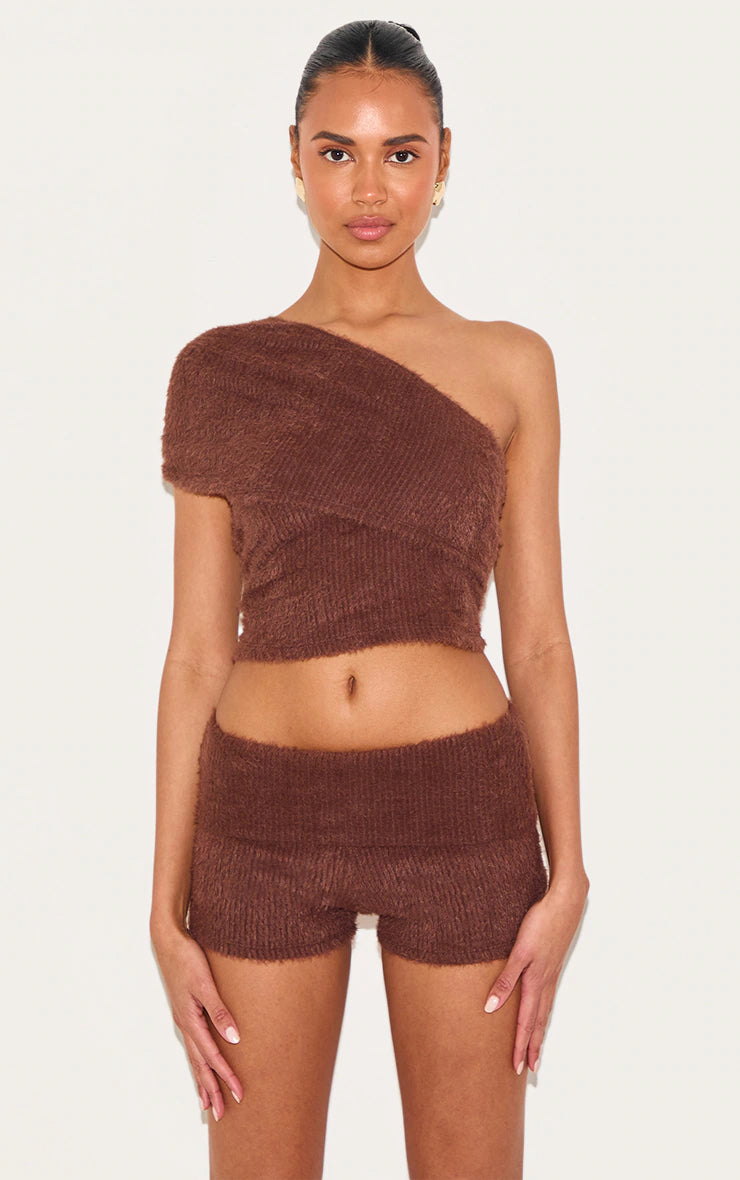 Chocolate Fluffy Textured Fold Over Hot Pants