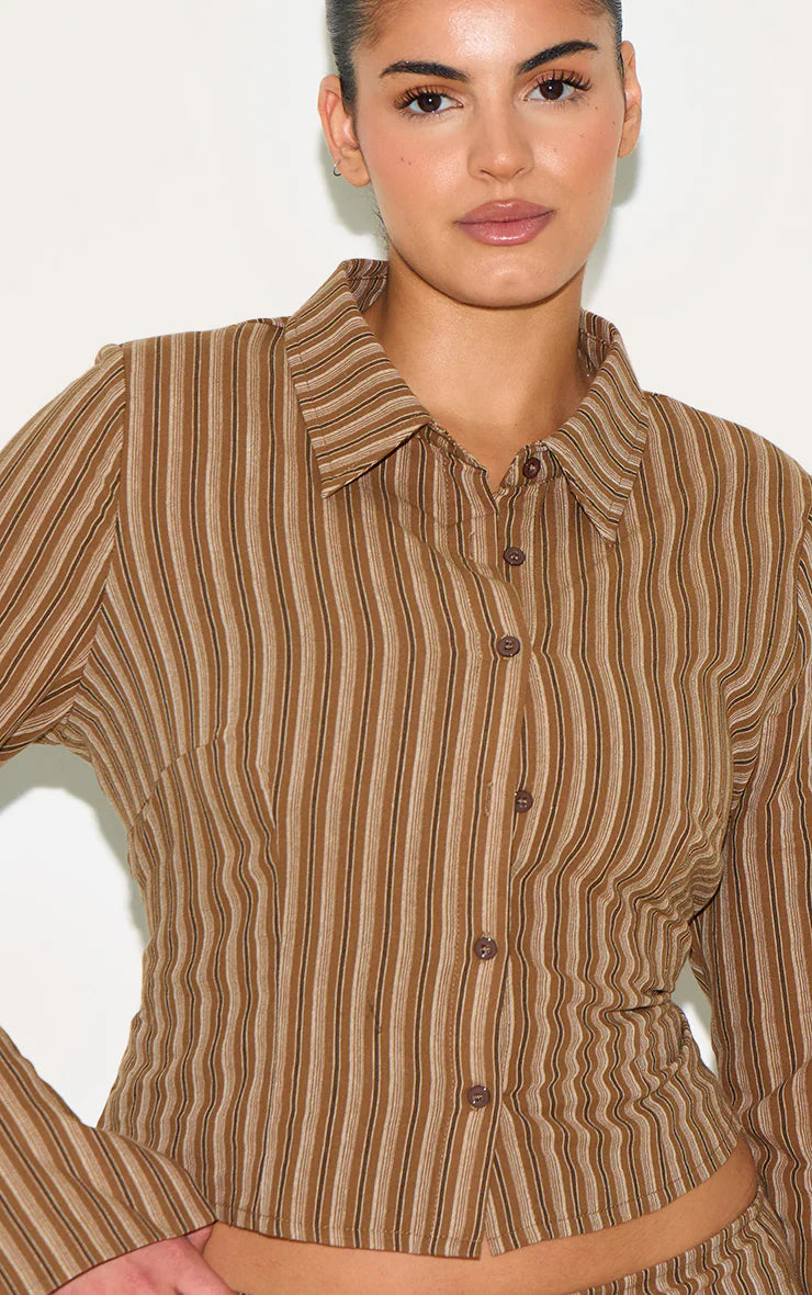 Plus Brown Pinstripe Fitted Shirt
