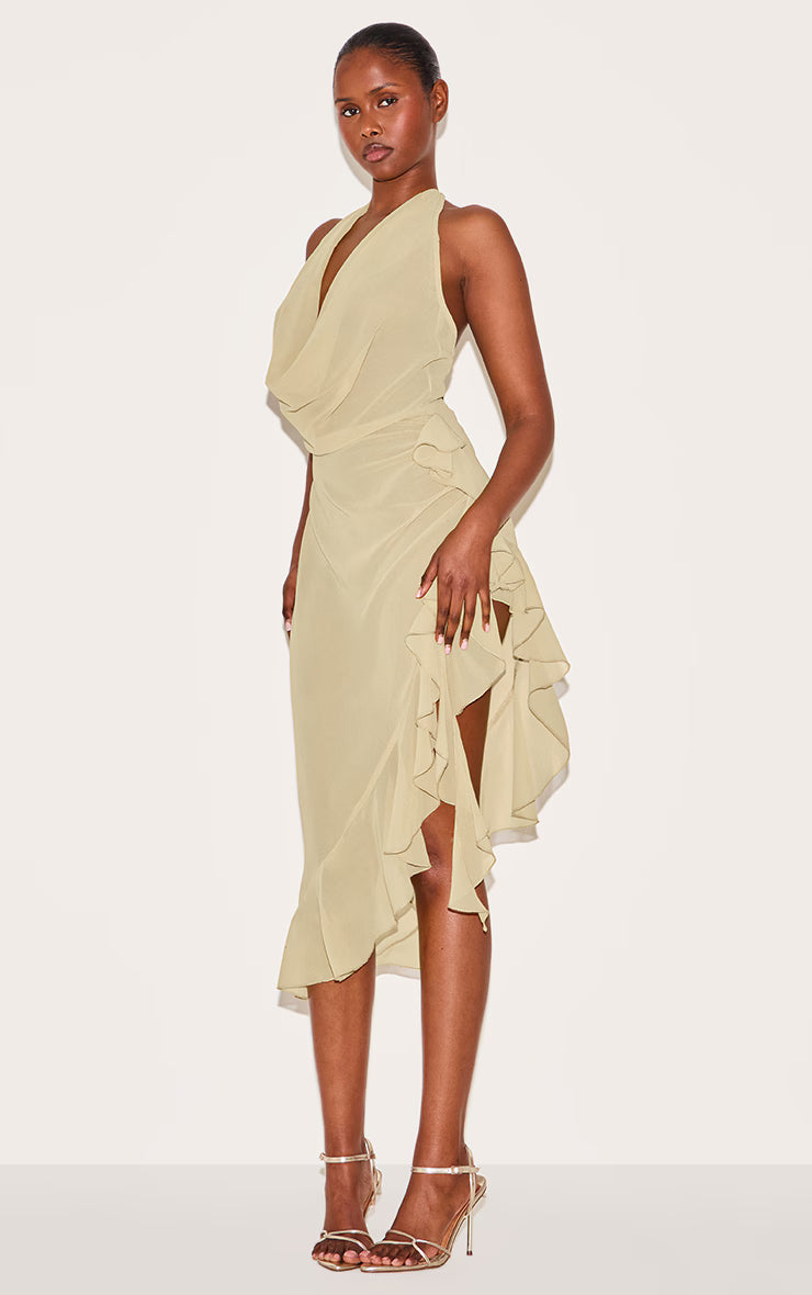 Mustard Cowl Ruffle Split Detail Midi Dress