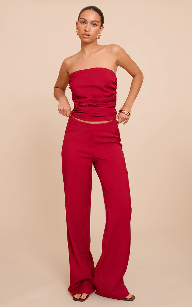 Red Tailored Woven Ruched Bandeau Top