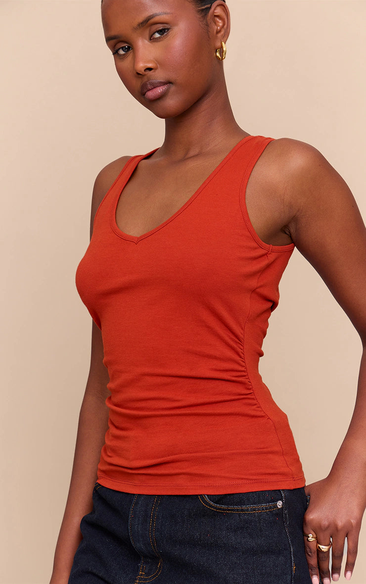 Rust Soft Cotton V Neck Vest Top