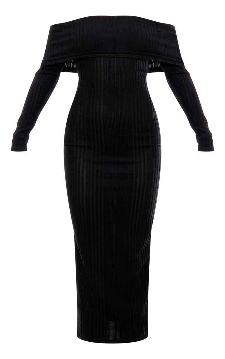 Black Brushed Rib Oversized Bardot Maxi Dress