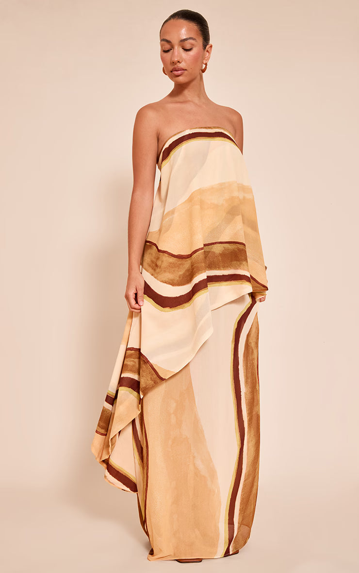 Green Abstract Chiffon Bandeau Overlay Maxi Dress