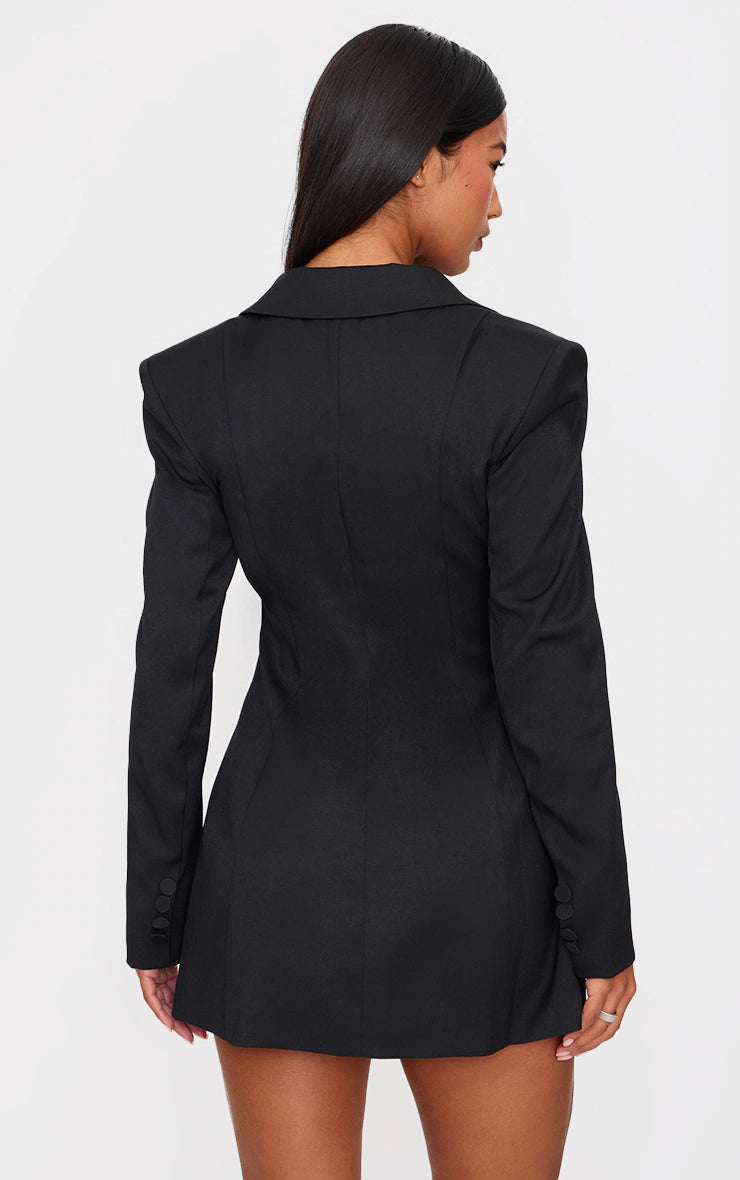 Black Woven Cinched Waist Blazer Dress