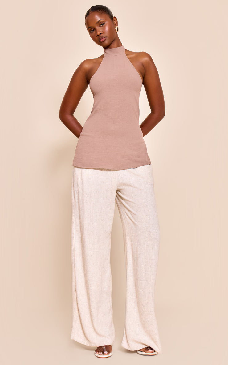 Mushroom Woven High Neck Tie Back Detail Long Top