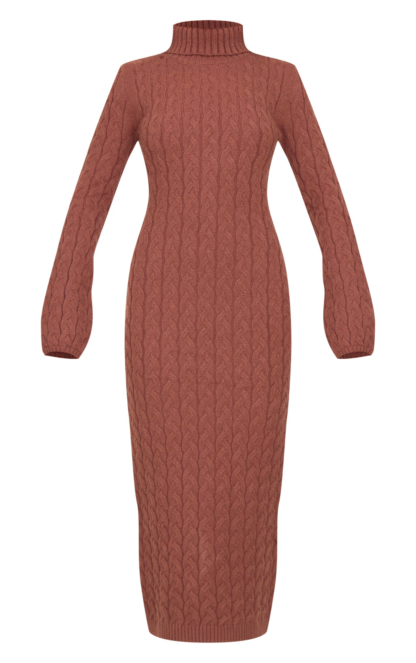 Cappuccino Chunky Cable Knit Roll Neck Maxi Sweater Dress