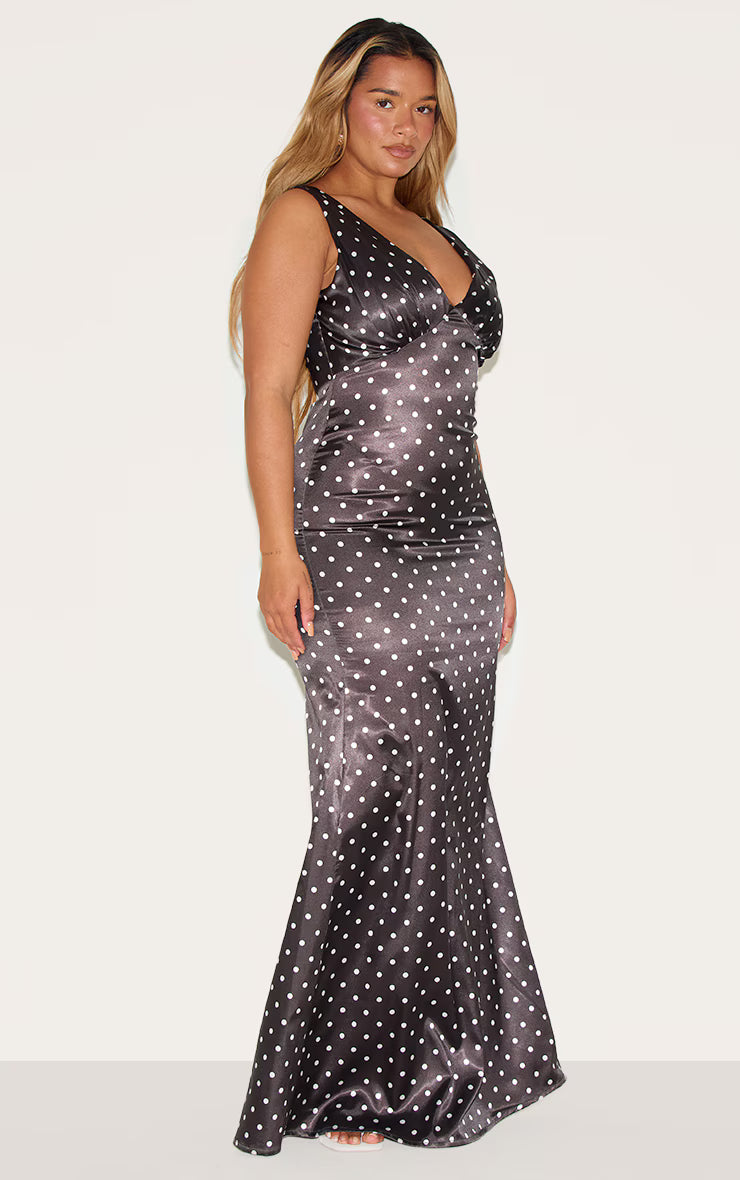 Shape Chocolate Satin Polka Dot Plunge Front Maxi Dress