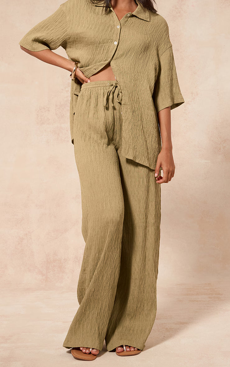Chartreuse Textured Woven Drawstring Wide Leg Pant