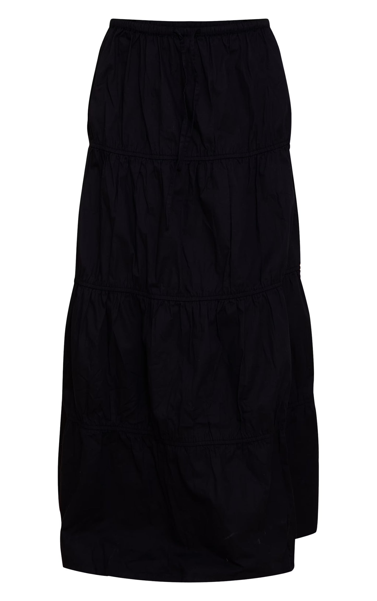 Black Cotton Poplin Drawstring Tired Floaty Maxi Skirt