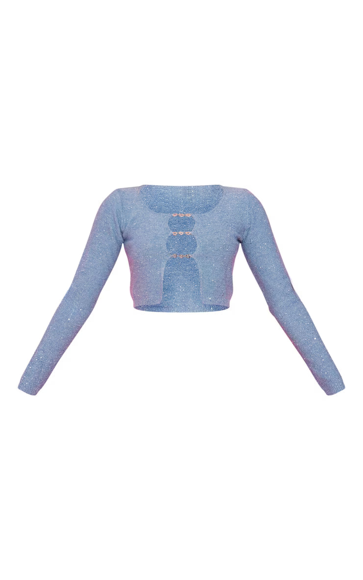 Dusty Blue Glitter Knit Heart Trim Long Sleeve Top
