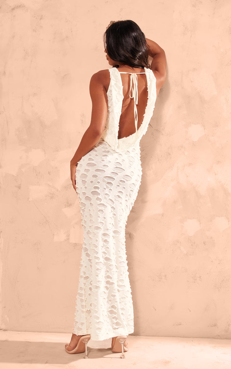 Cream Woven Textured Cowl Neck Maxi Dress