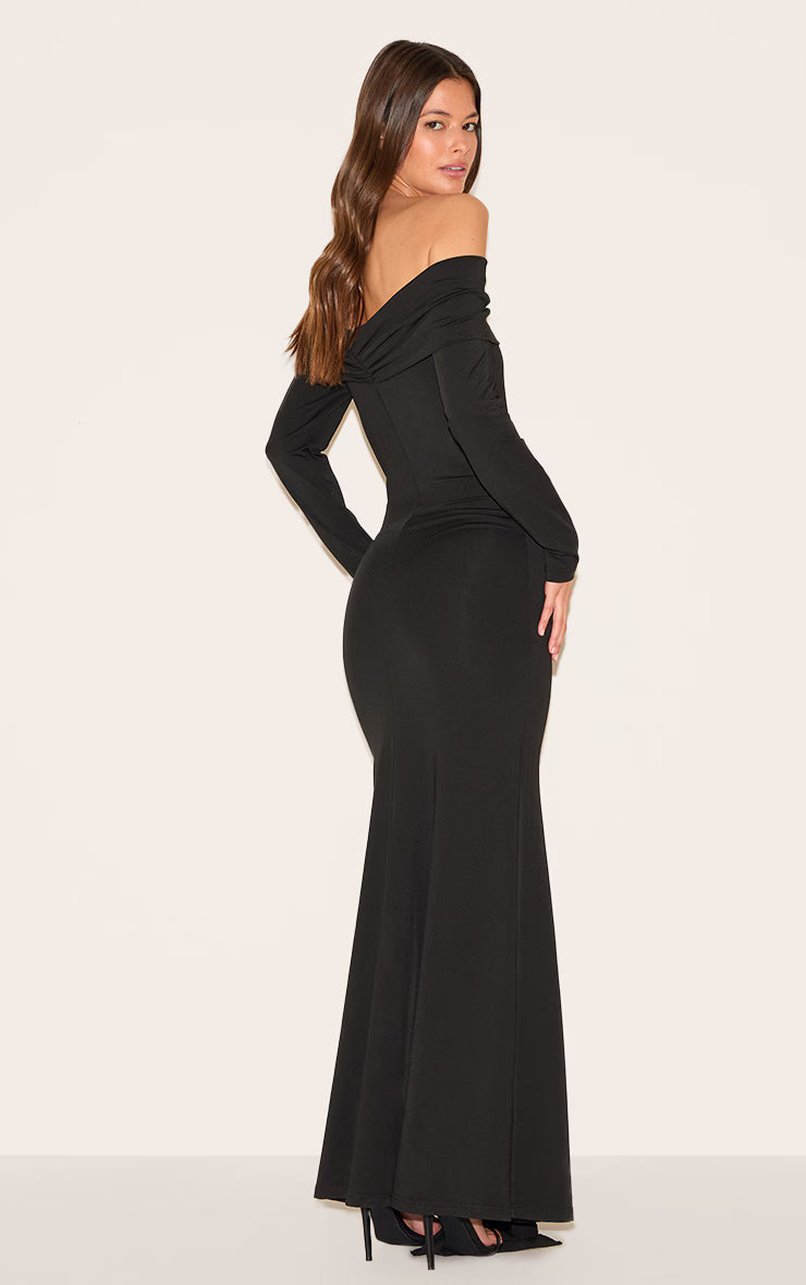 Black Bardot Long Sleeve Trim Drape Detail Maxi Dress