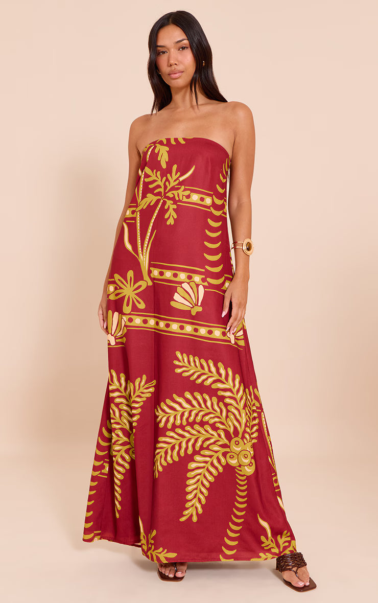 Deep Red Palm Print Woven Bandeau Maxi Dress