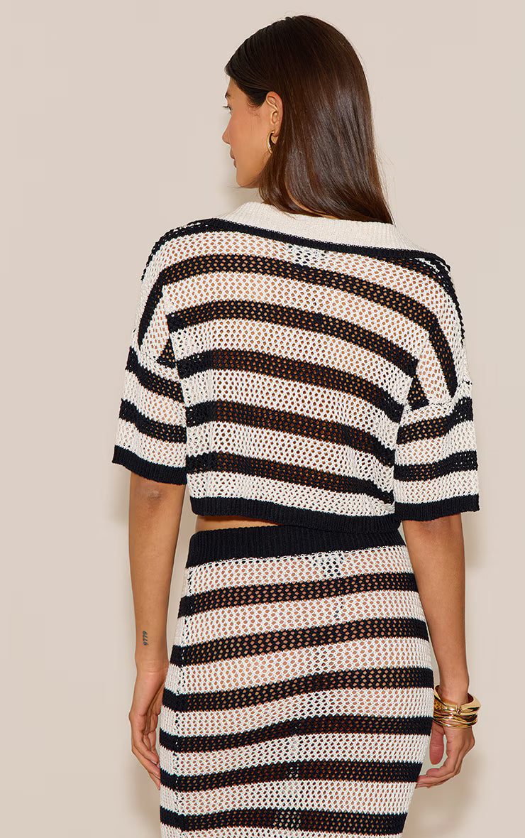 Monochrome Stripe Crochet Knit Tie Front Top