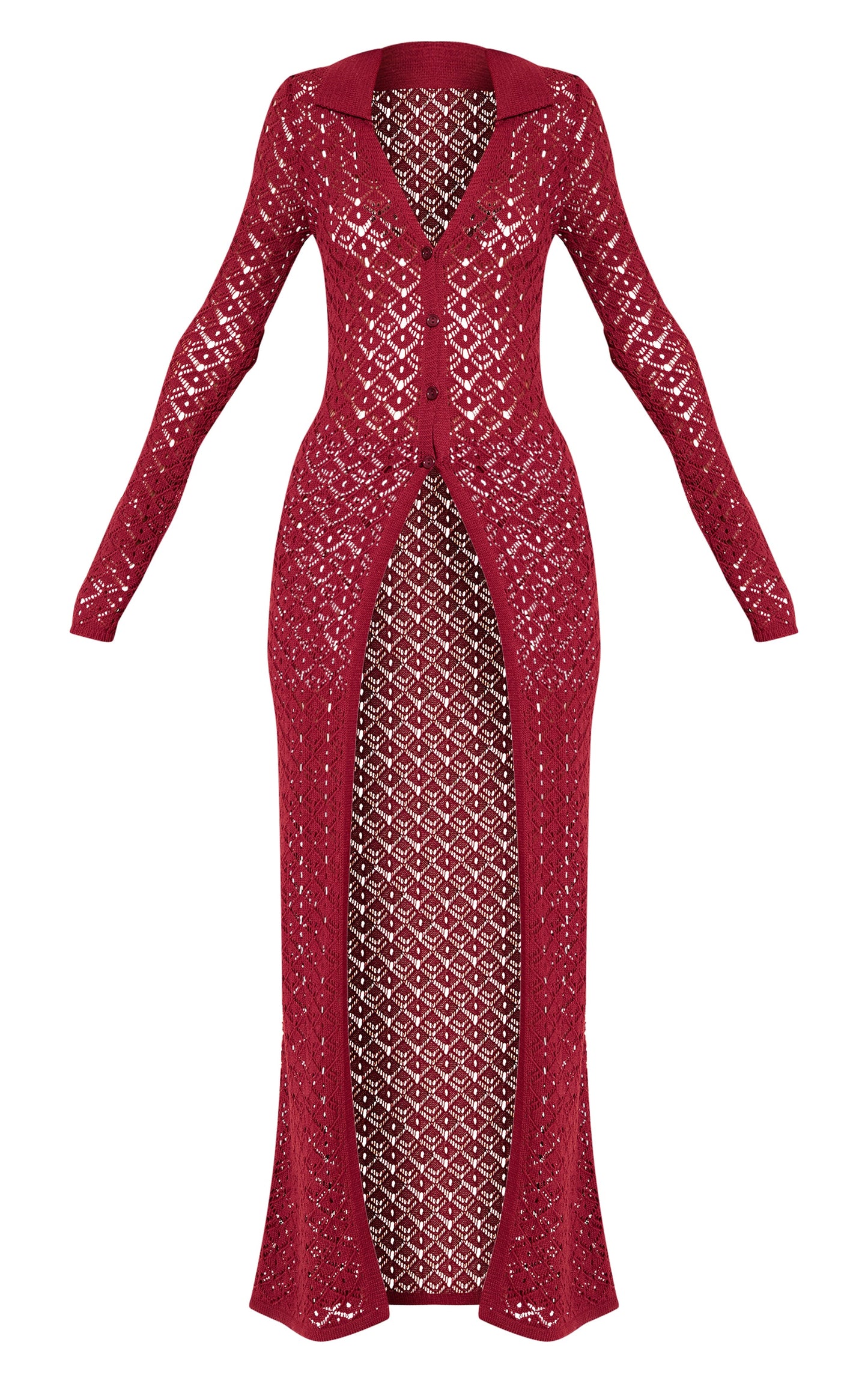 Wine Crochet Knit Maxi Cardigan
