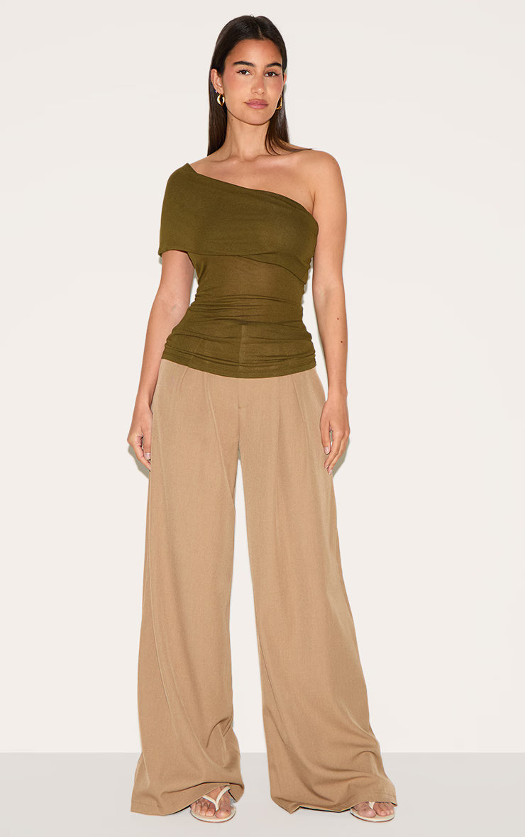 Olive Sheer Soft Touch Fold Over Detail One Shoulder Long Top