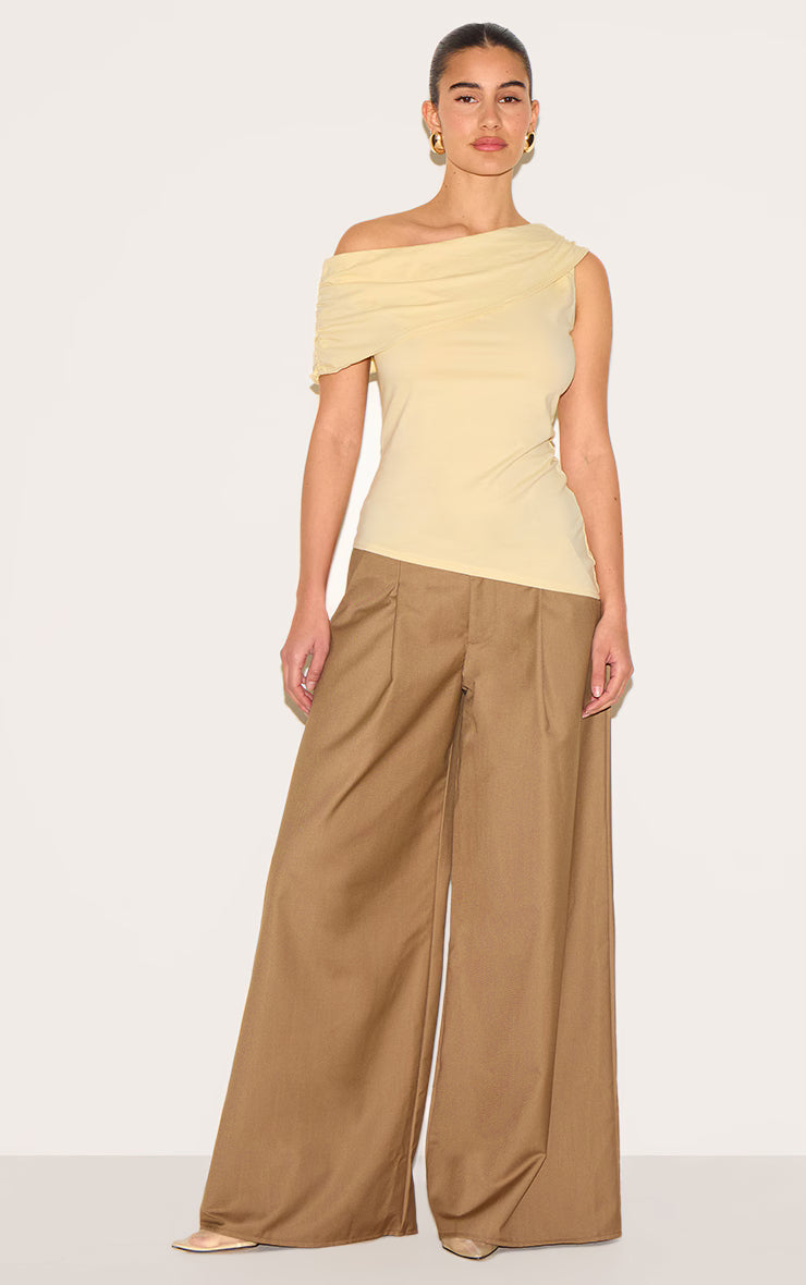 Almond Fold Over Cotton Asymmetric Hem Long Top