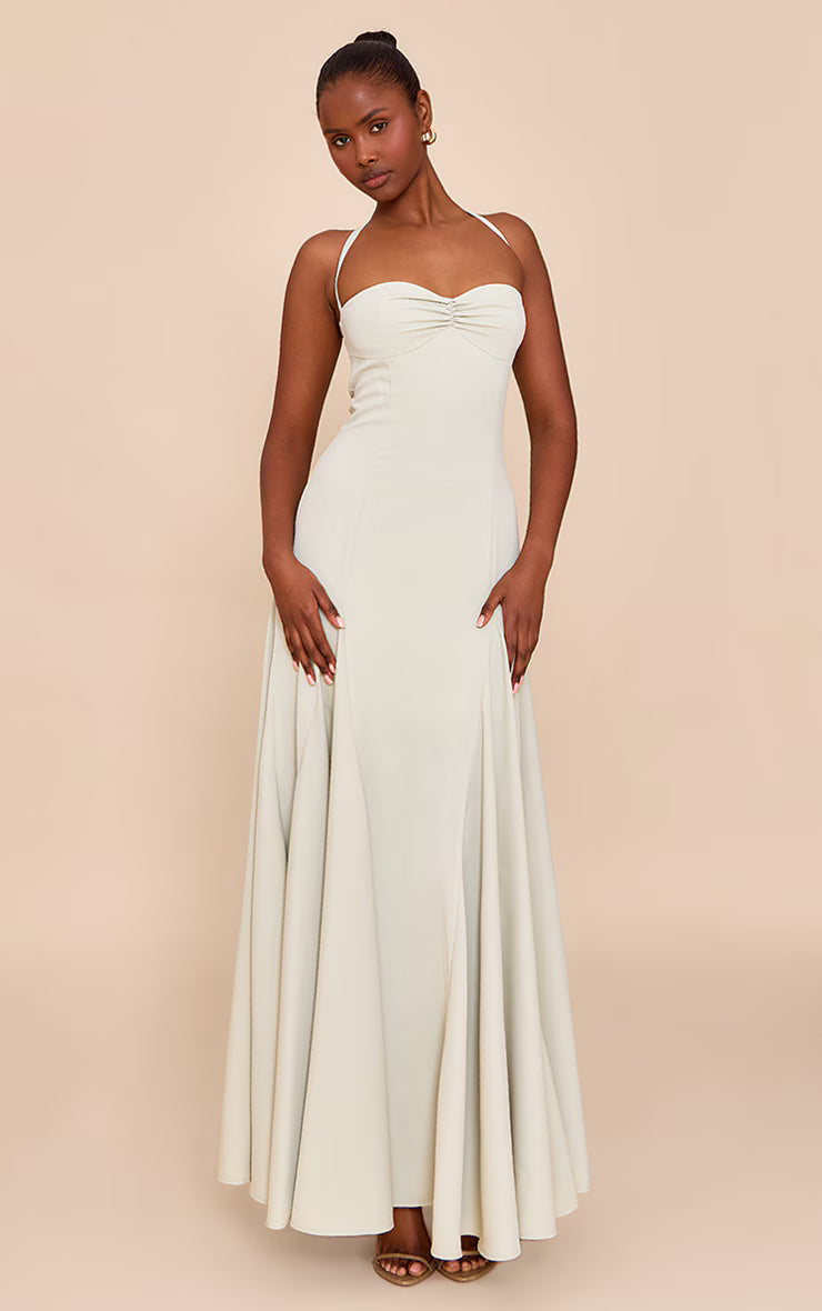 Sage Woven Halterneck Ruched Bust Detail Maxi Dress