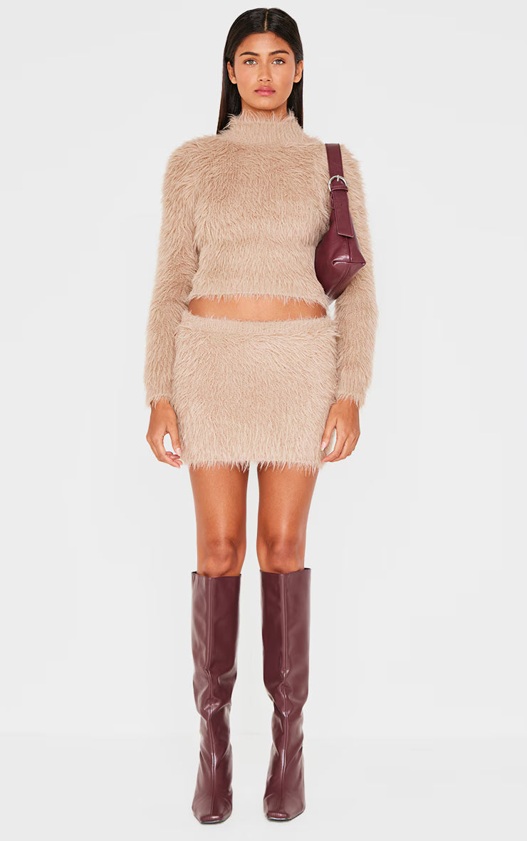 Mocha Fluffy Knit High Neck Top