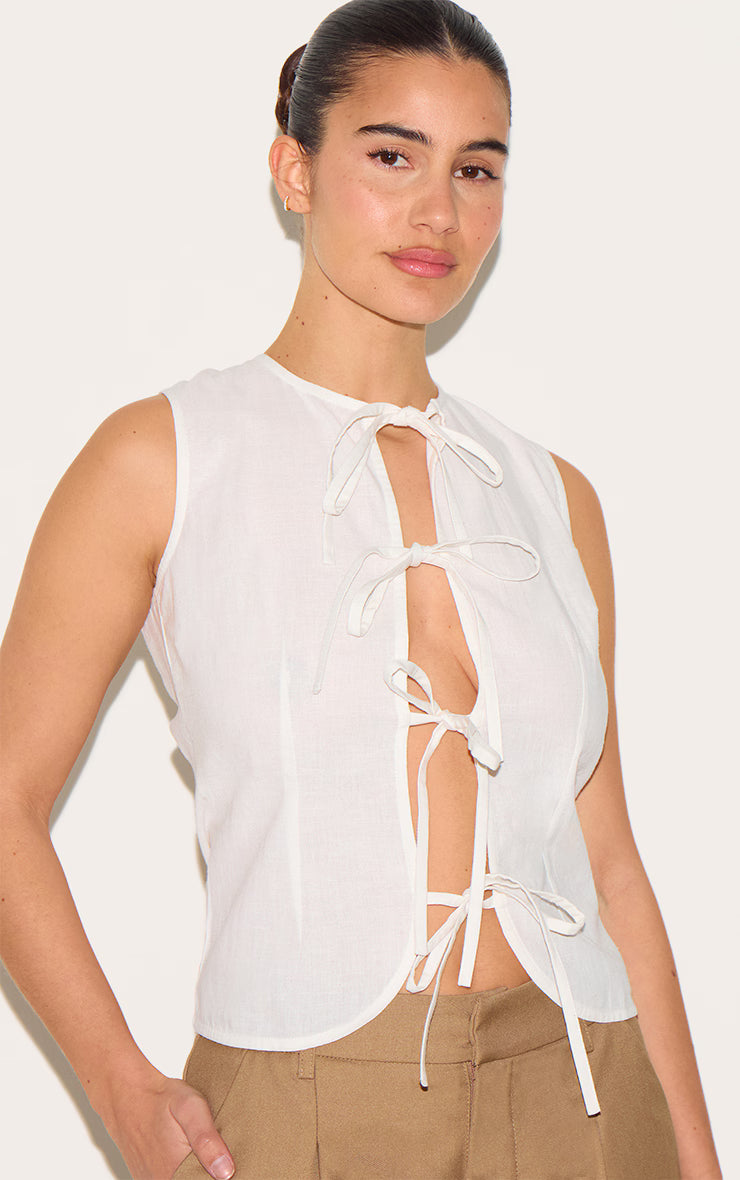 White Lightweight Woven Tie Front Vest