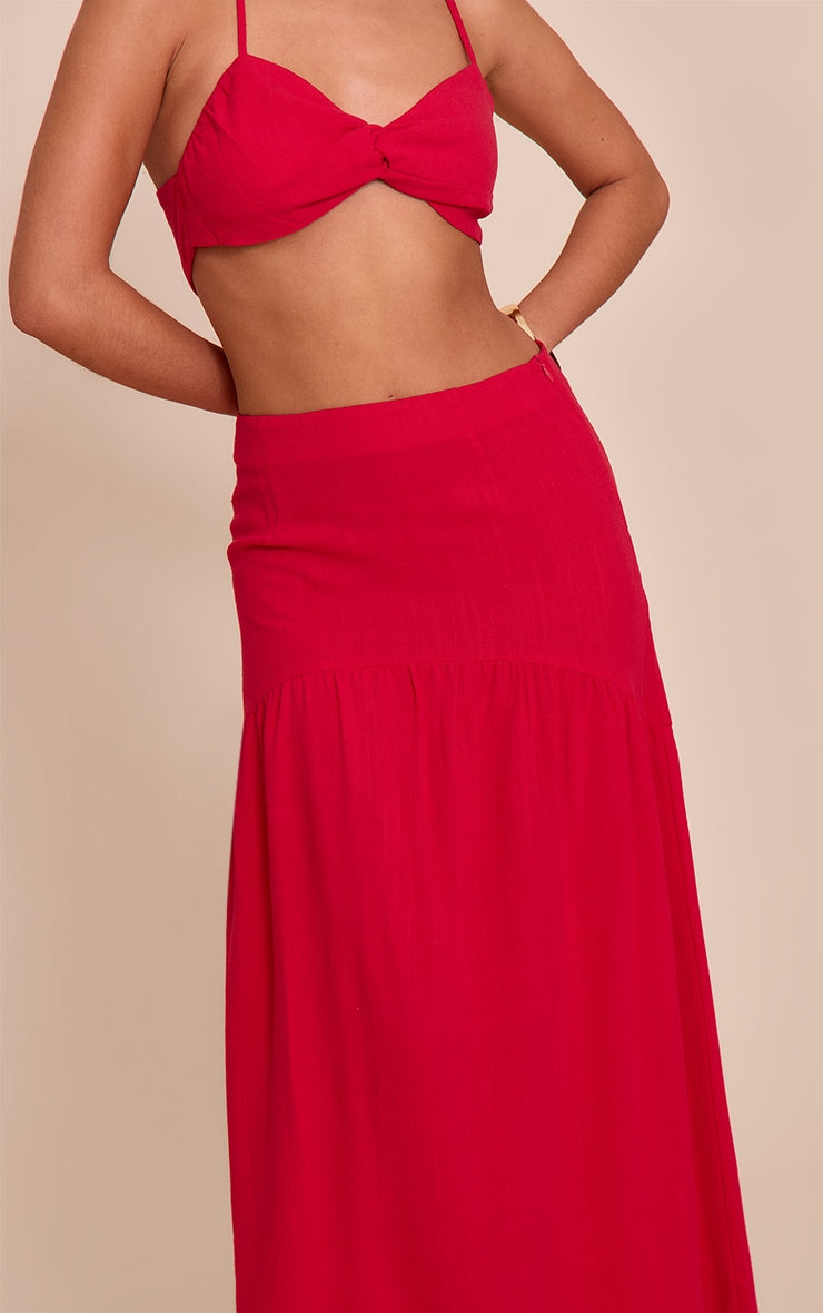 Tomato Red Seam Detail Floaty Linen Maxi Skirt