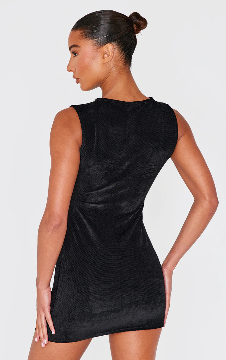 Black Cord Boat Neck Mini Dress
