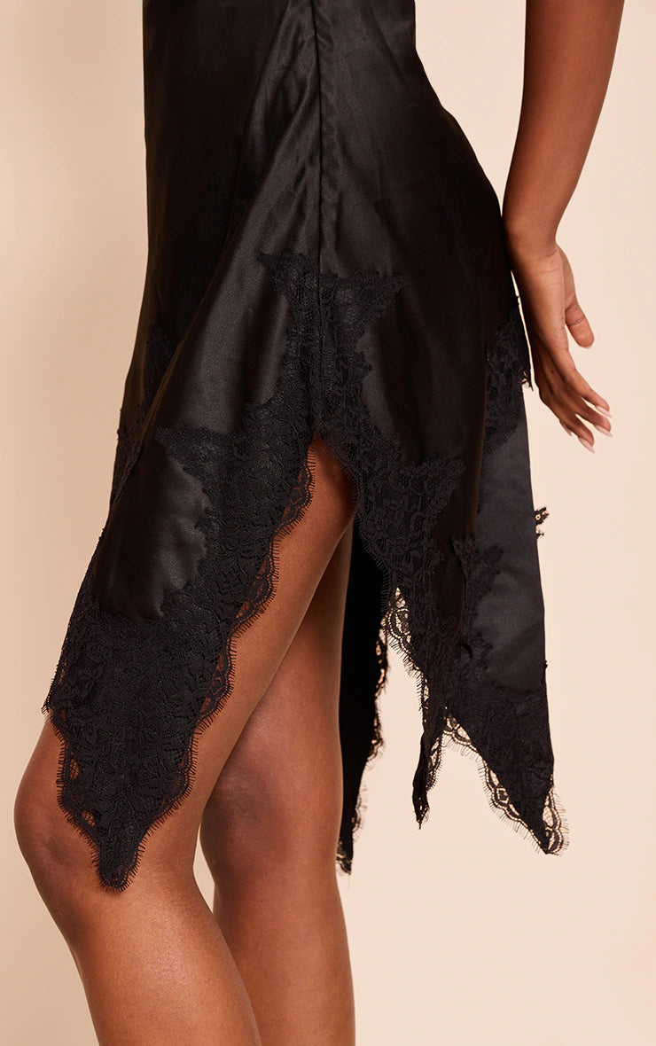 Black Satin Lace Trim Detail Mini Dress