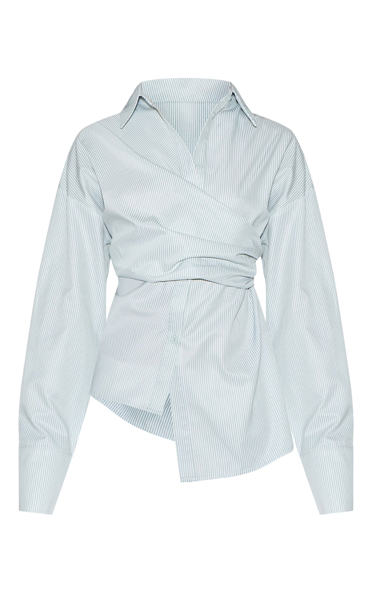 Sage Green Stripe Asymmetric Drape Shirt