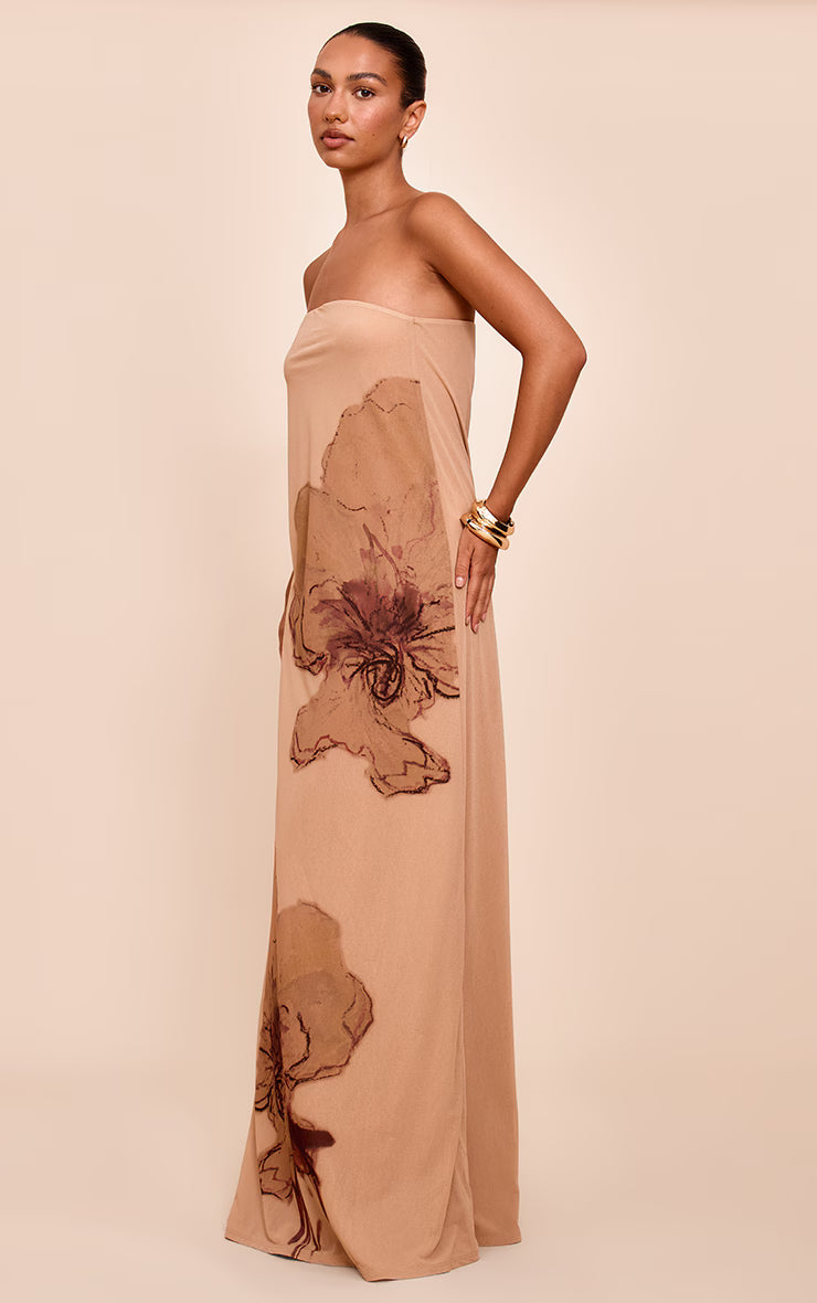 Beige Floral Printed Double Layered Bandeau Colum Dress