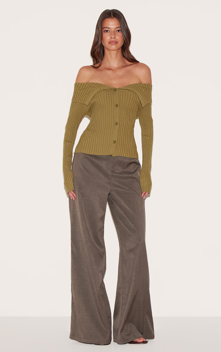 Olive Rib Knit Fold Over Button Up Top