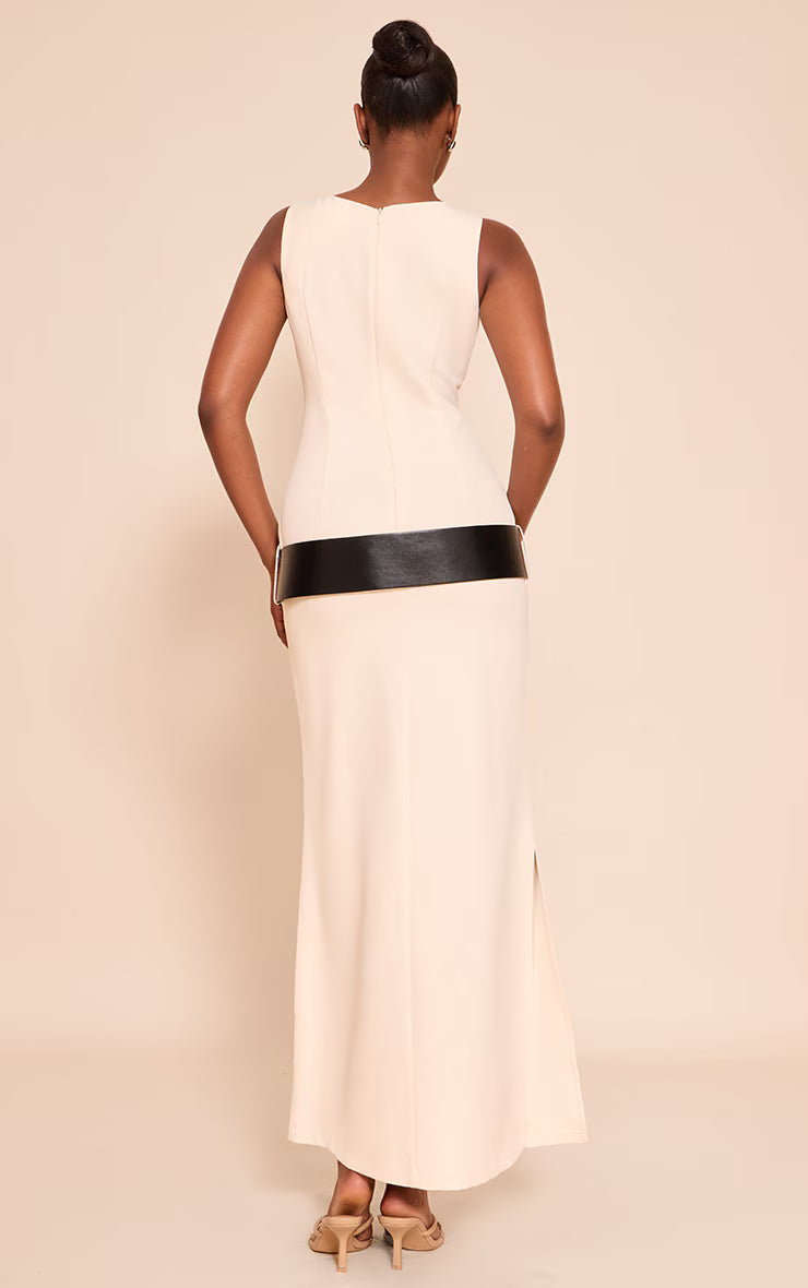 Cream Woven Tailored Belt Detail Maxi Dress